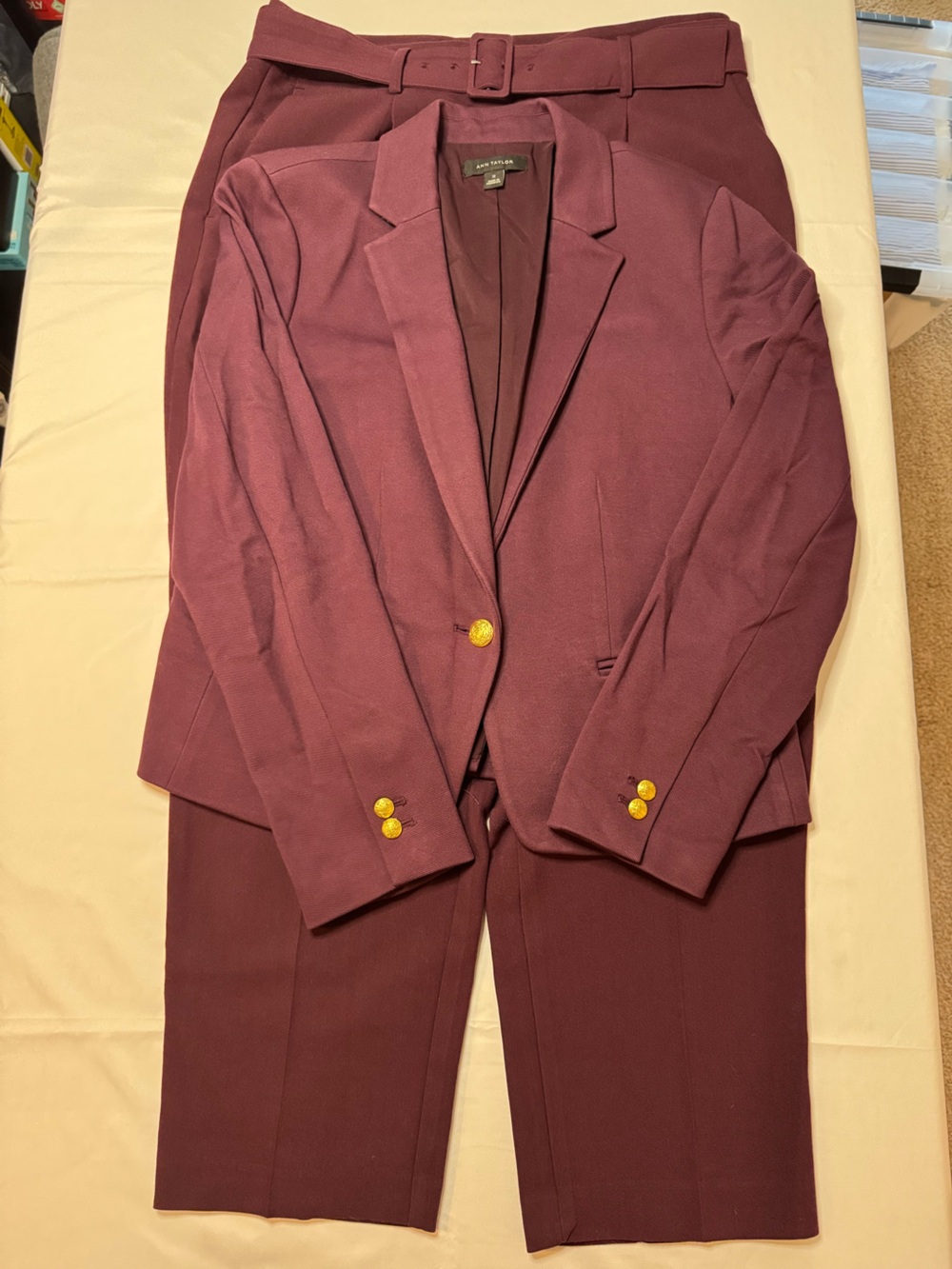 Ann Taylor Burgundy-Colored Women's Tailored Pantsuit with Gold Buttons